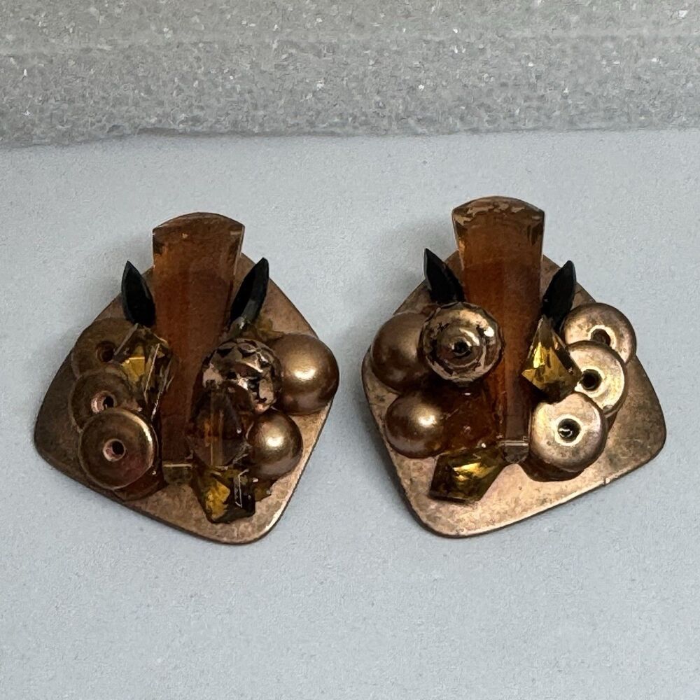 Vintage Amber Toned Resin Cluster Clip On Earrings Statement Jewelry